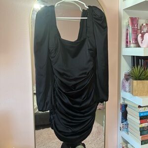 Oh Polly Ruched Puff Sleeve Satin Mini Dress In Black